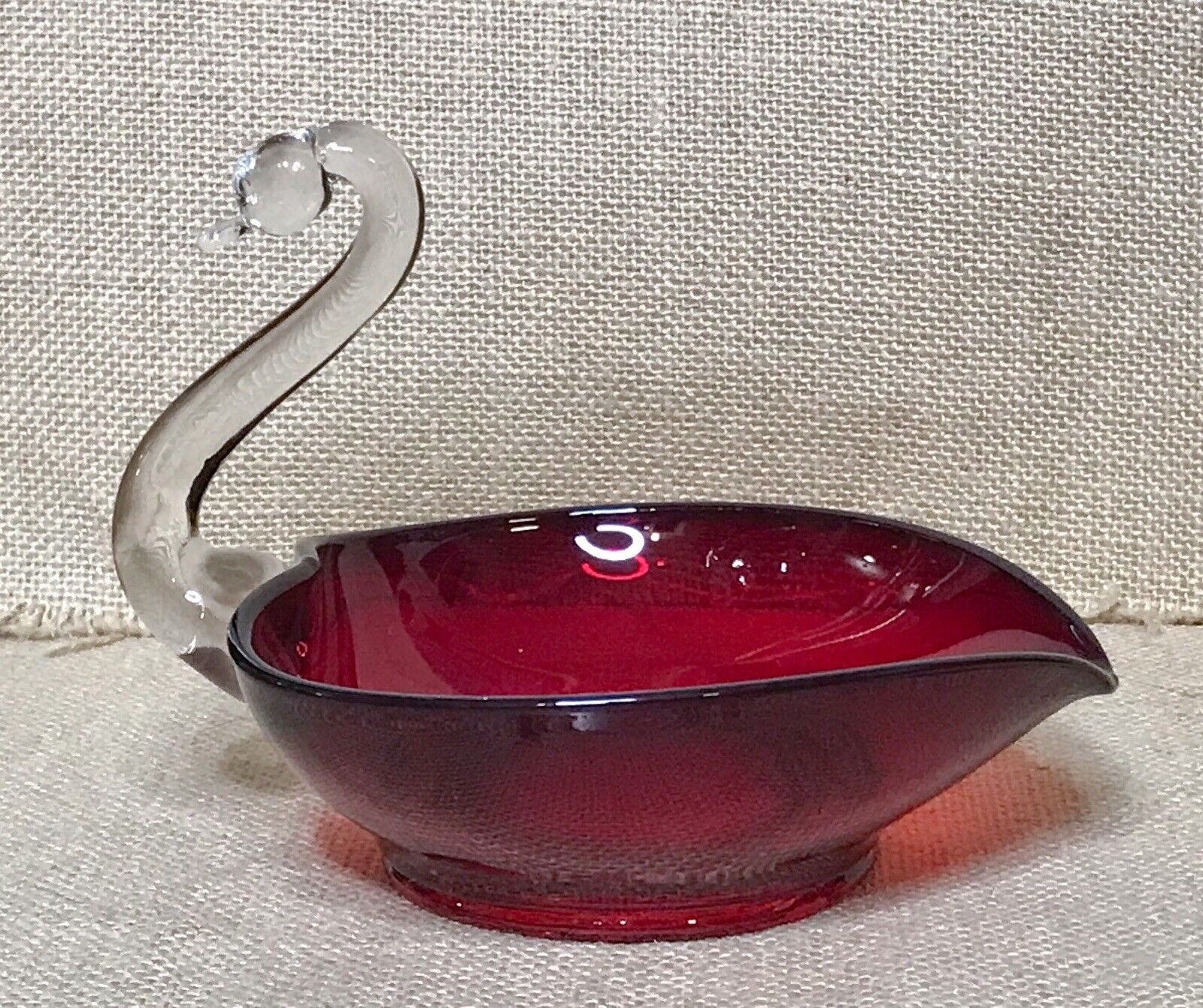 Vintage Duncan And Miller Crystal Glass Swan Candy Dish Ruby Red Heart Body