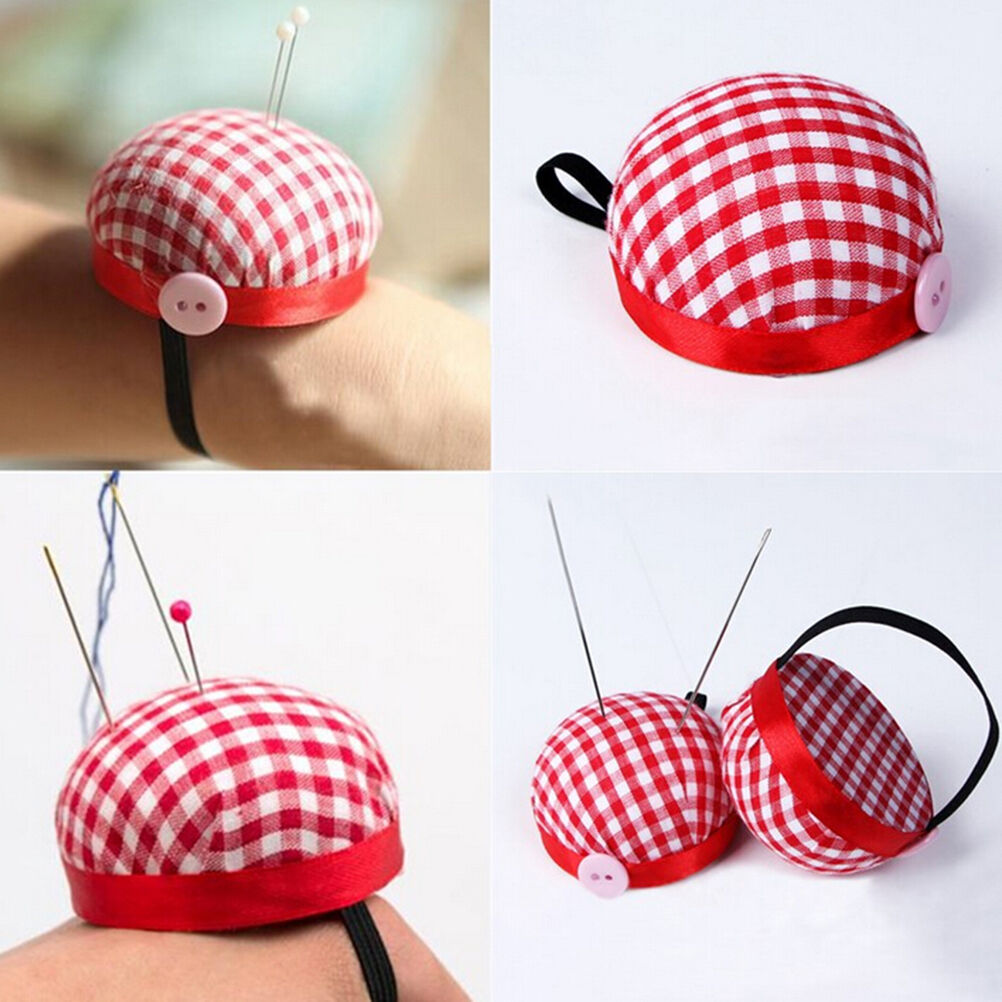 Plaid Grids Needle Sewing Pin Cushion Wrist Strap Tool Button Storages H-OR