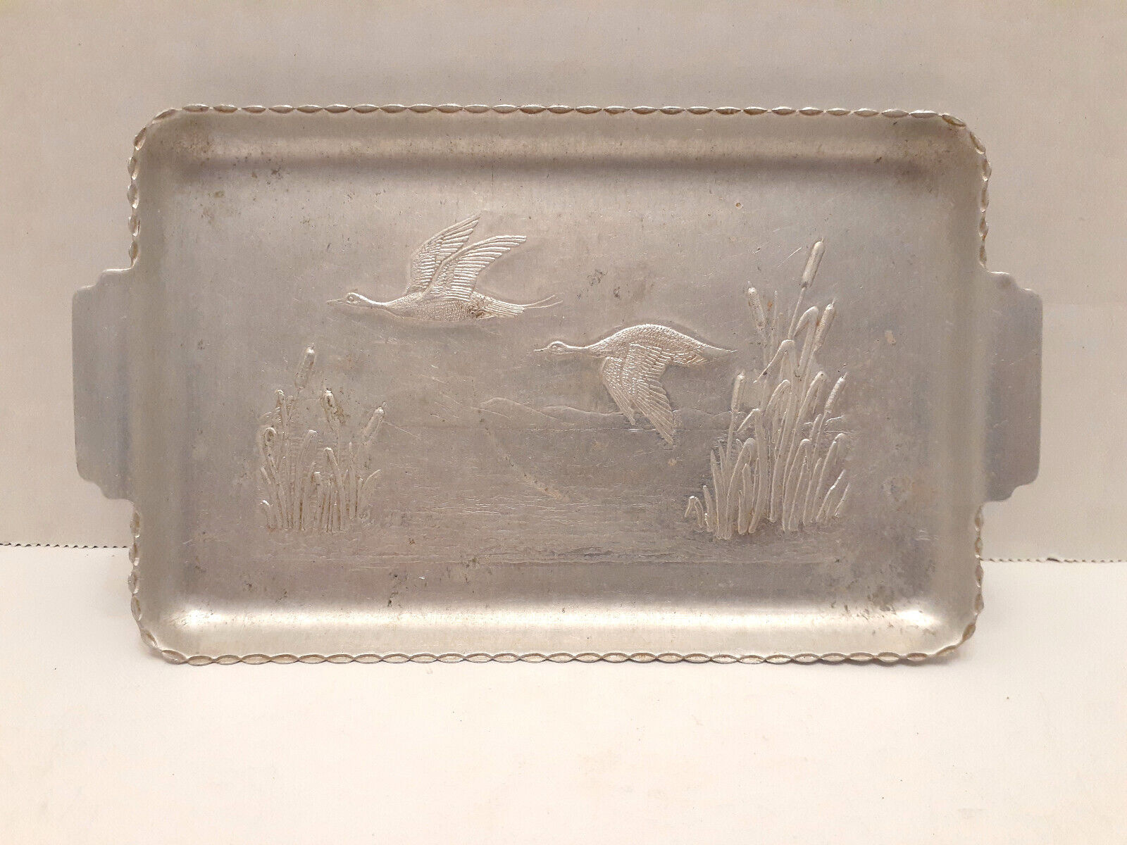 Vintage Embossed Aluminum Snack Tray Ducks Geese with Cat Tails Rectangular 