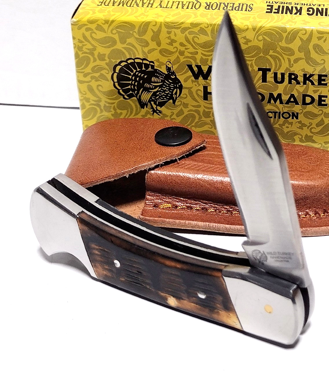 Wild Turkey Clip Point Blade Burnt Bone Lockback Hunting Pocket Knife + Sheath