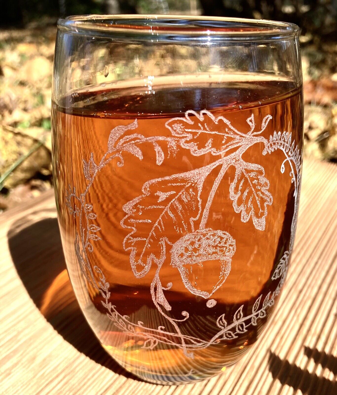 Fall Leaves & Acorn Handmade Etched Wine Glass