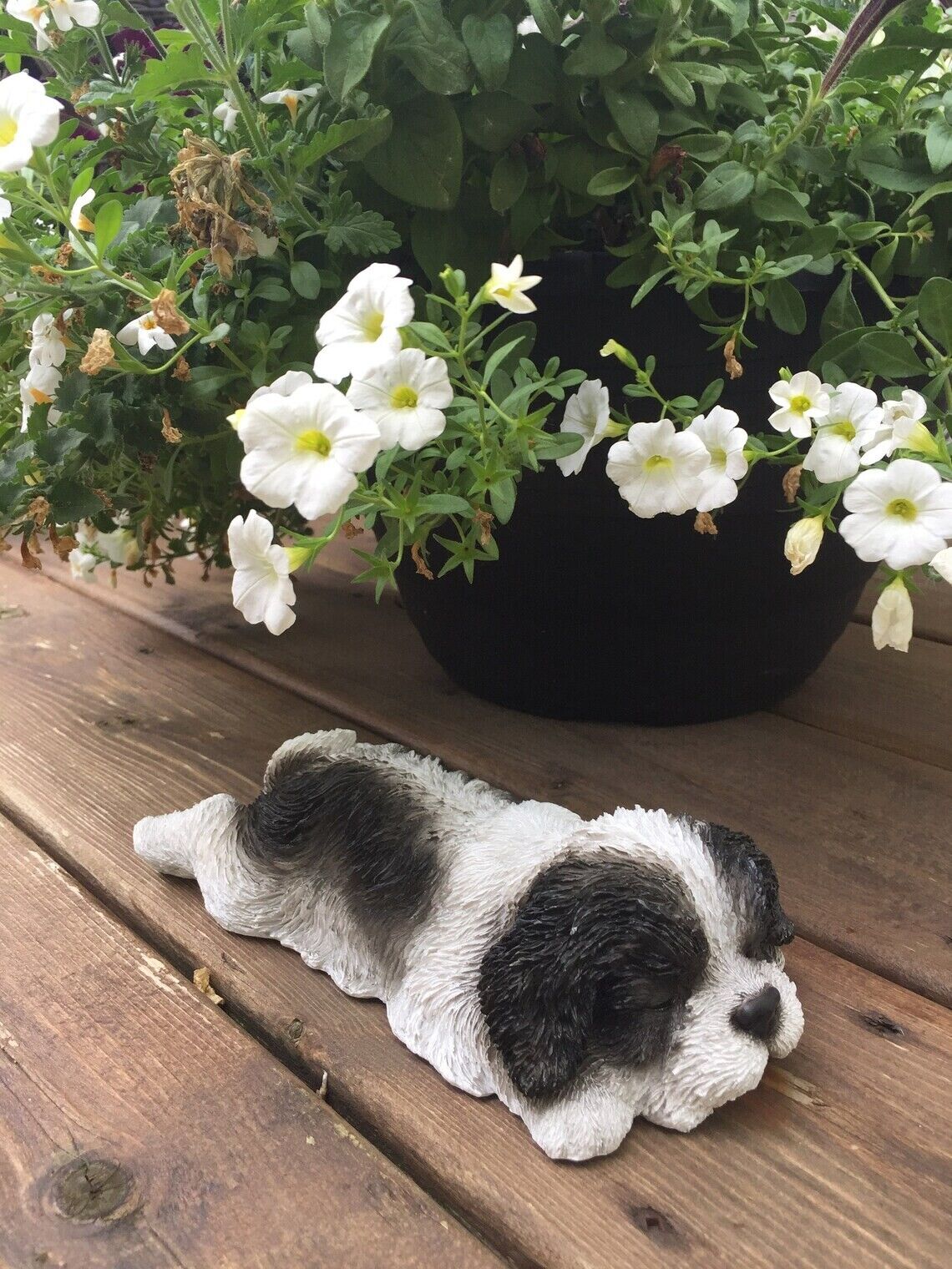 Shih Tzu Puppy Dog Figurine Sleepy Lying Down Sprawled Out / Black/ White 8.5 in