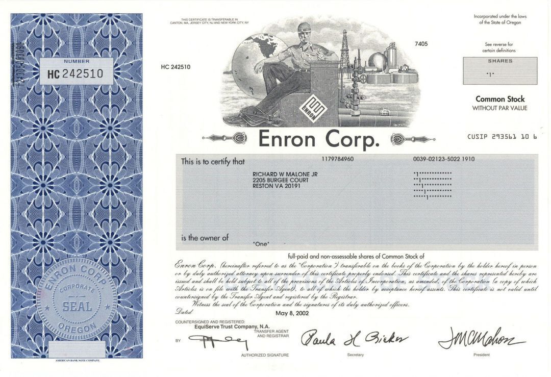 Enron Corporation - Crooked E Vignette - 2002 dated Stock Certificate - Famous F