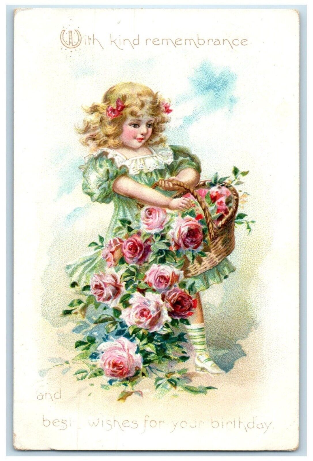 c1910\'s Birthday Pretty Girl With Roses In Basket Embossed Tuck\'s Postcard