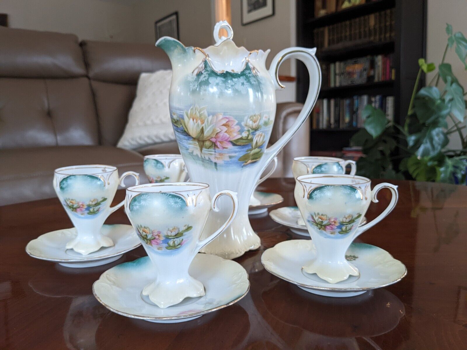  Antique RS Prussia Chocolate Tea Set, floral (Lilies) complete set with  6 cups
