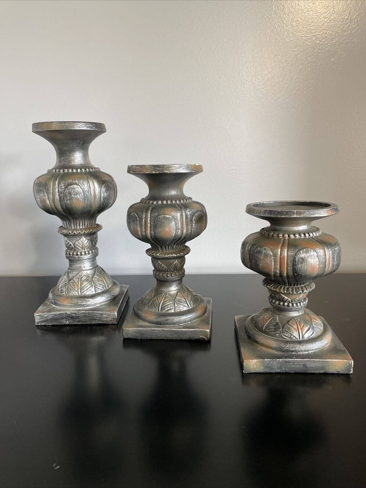 Pillar Candlestick Holders Set Of 3 Gray, Rust, Silver Elements Decorative