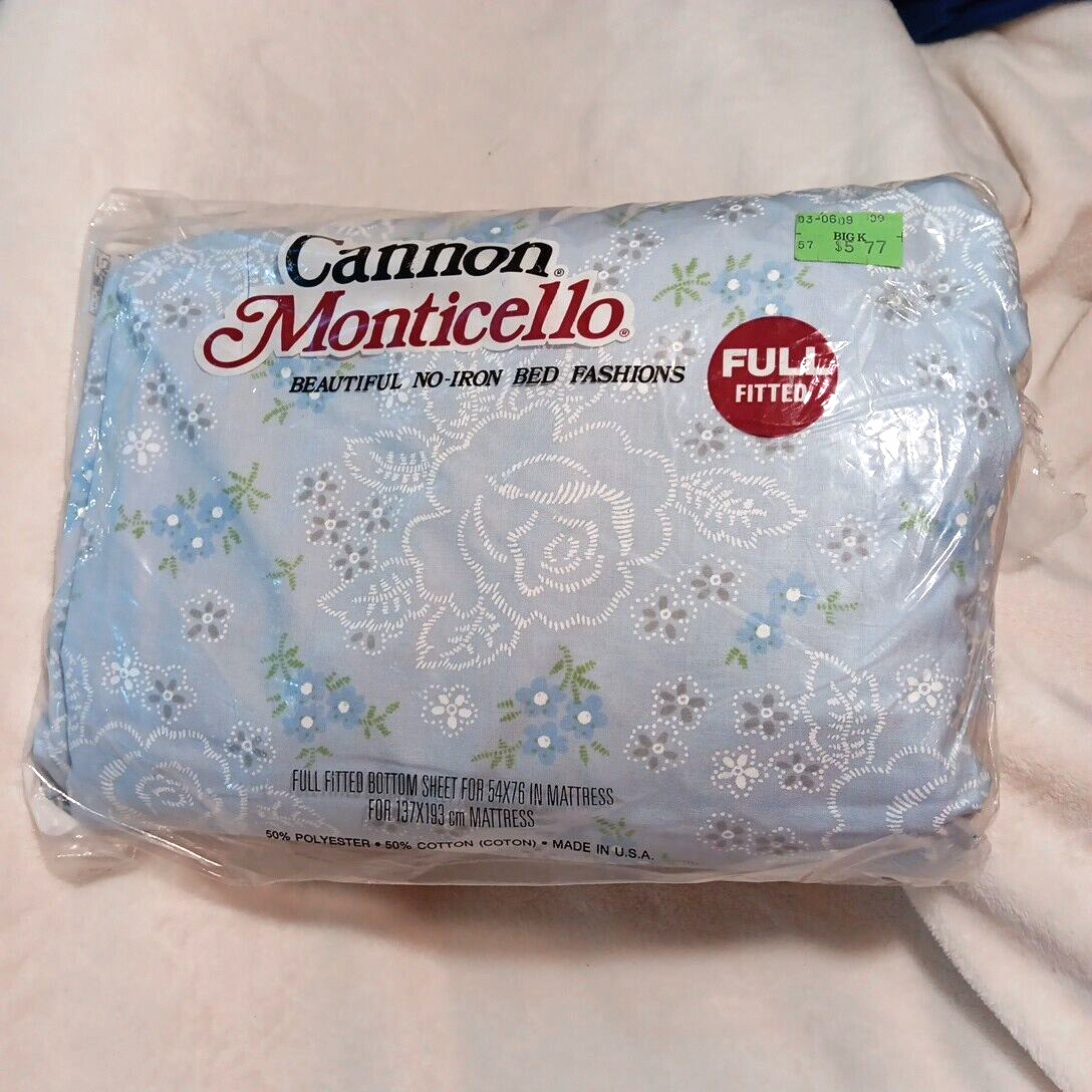 Vintage Cannon Monticello Full Fitted Sheet Blue Floral 54x76 NEW