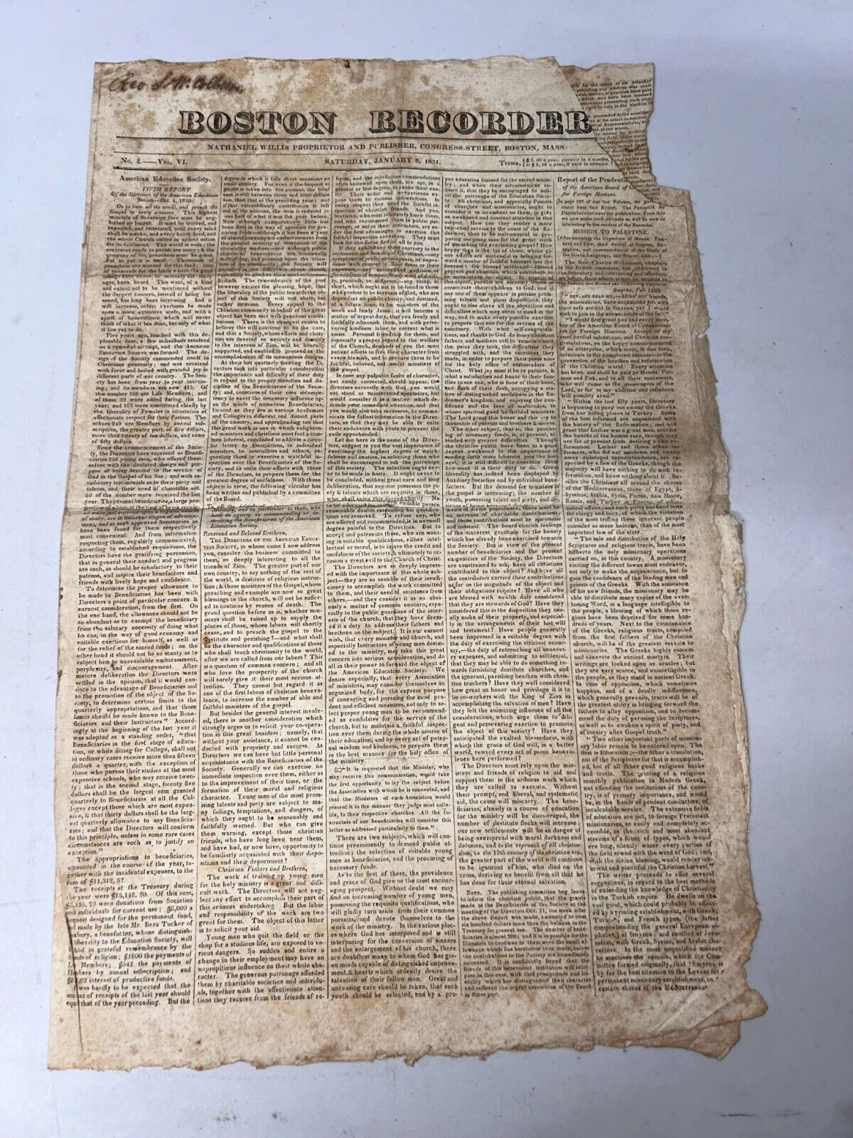 Boston Recorder Nathaniel Willis January 6, 1821 No 2 Vol VI Newspaper