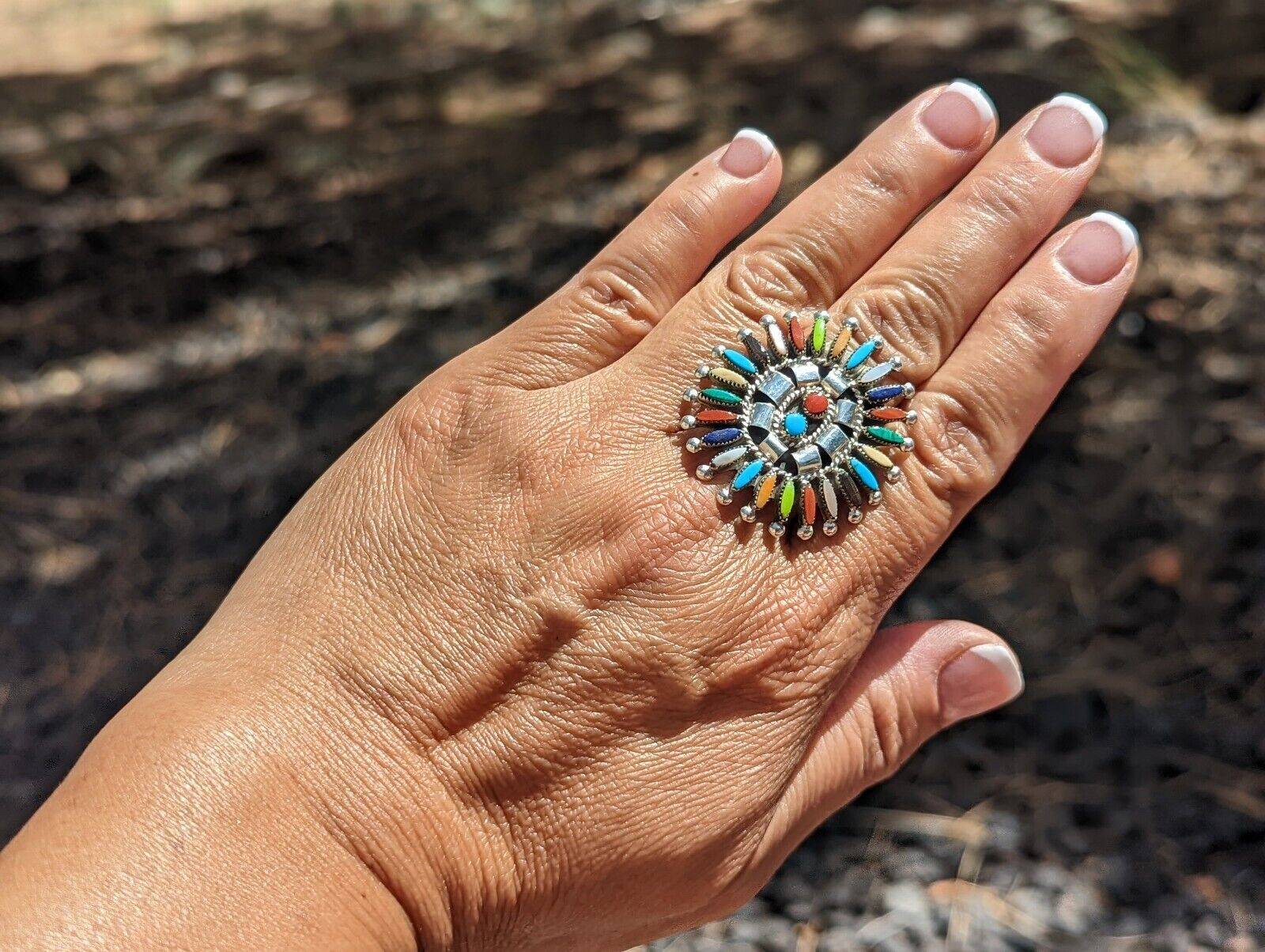Zuni Petite Needlepoint Ring Multi Stones Cluster Native American Jewelry Sz 8.5