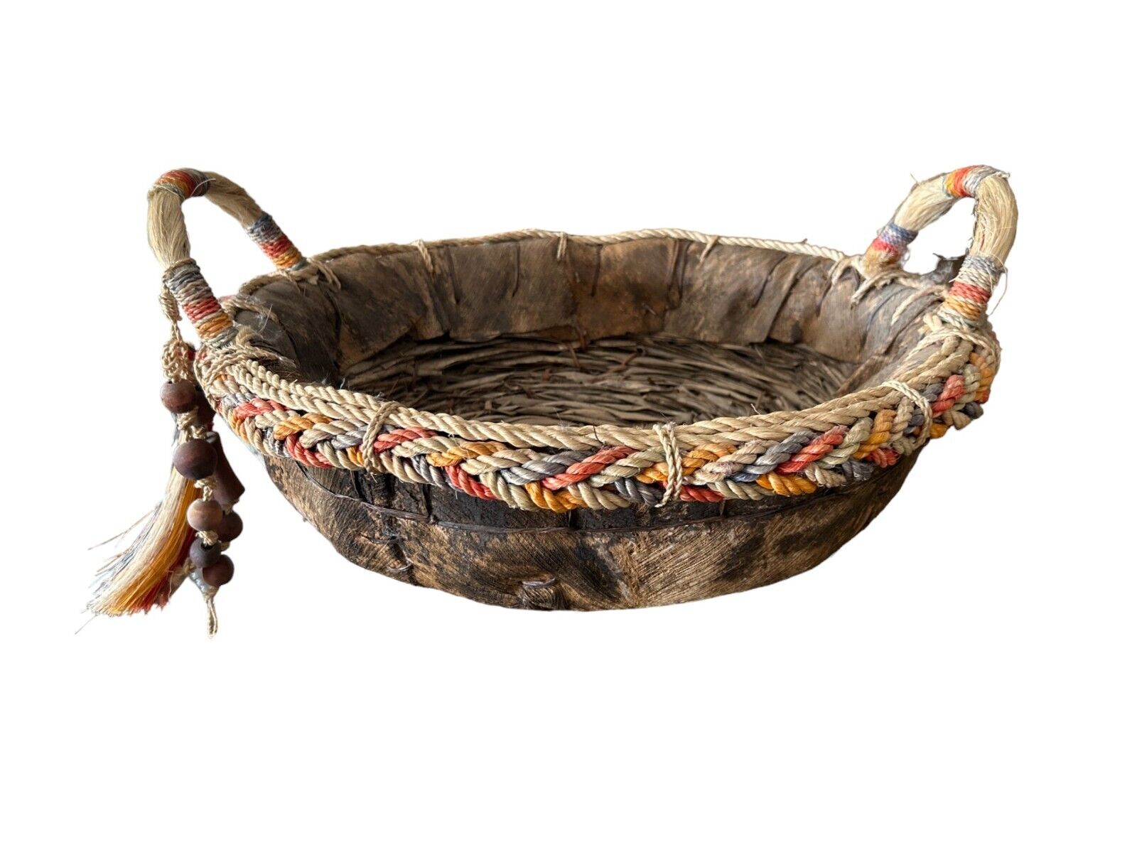 Vintage Handmade woven tribal basket with tree bark sides and bottom