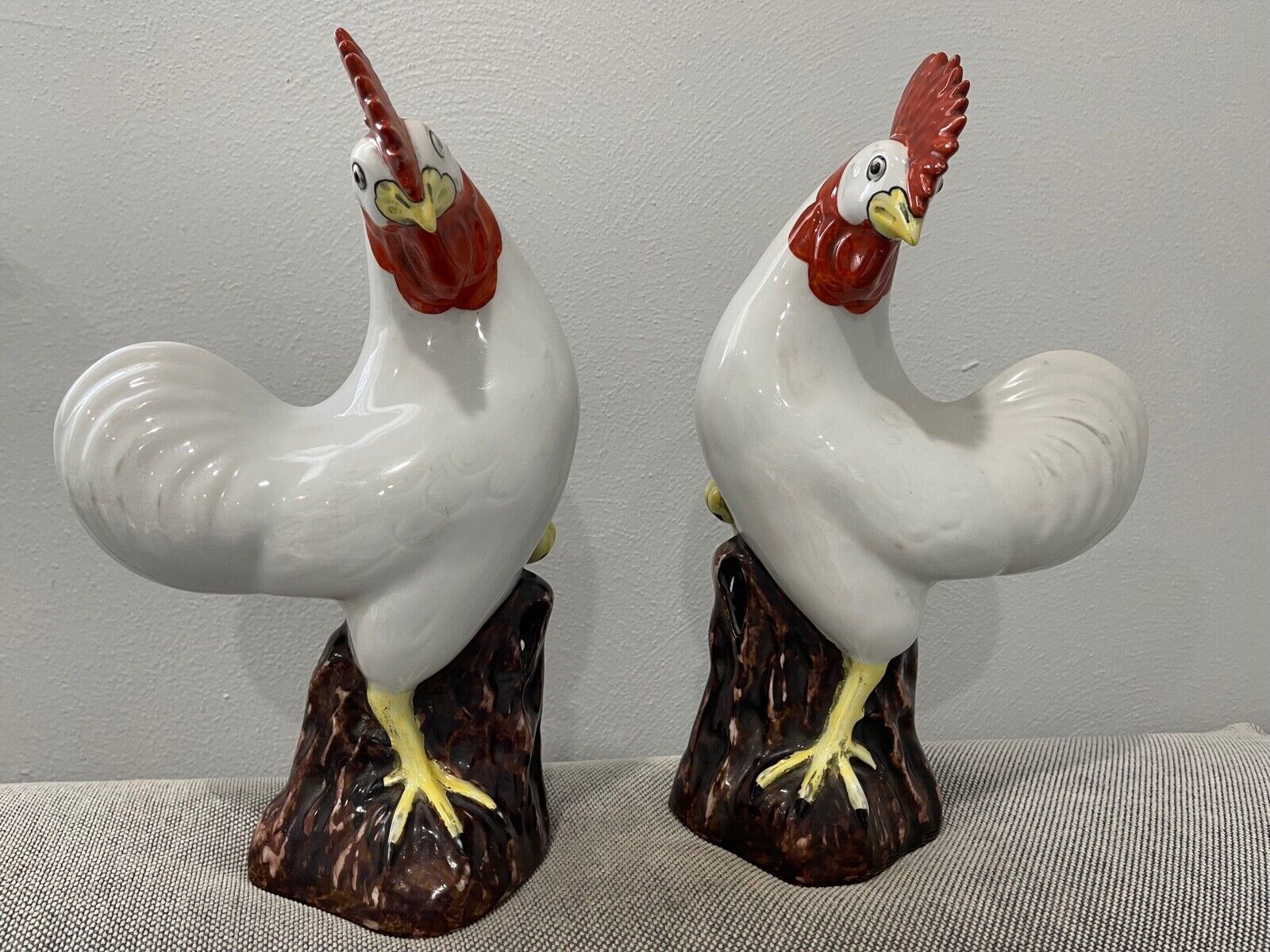 Vintage Antique Chinese Export Porcelain Pair of Chickens Statues / Figurines