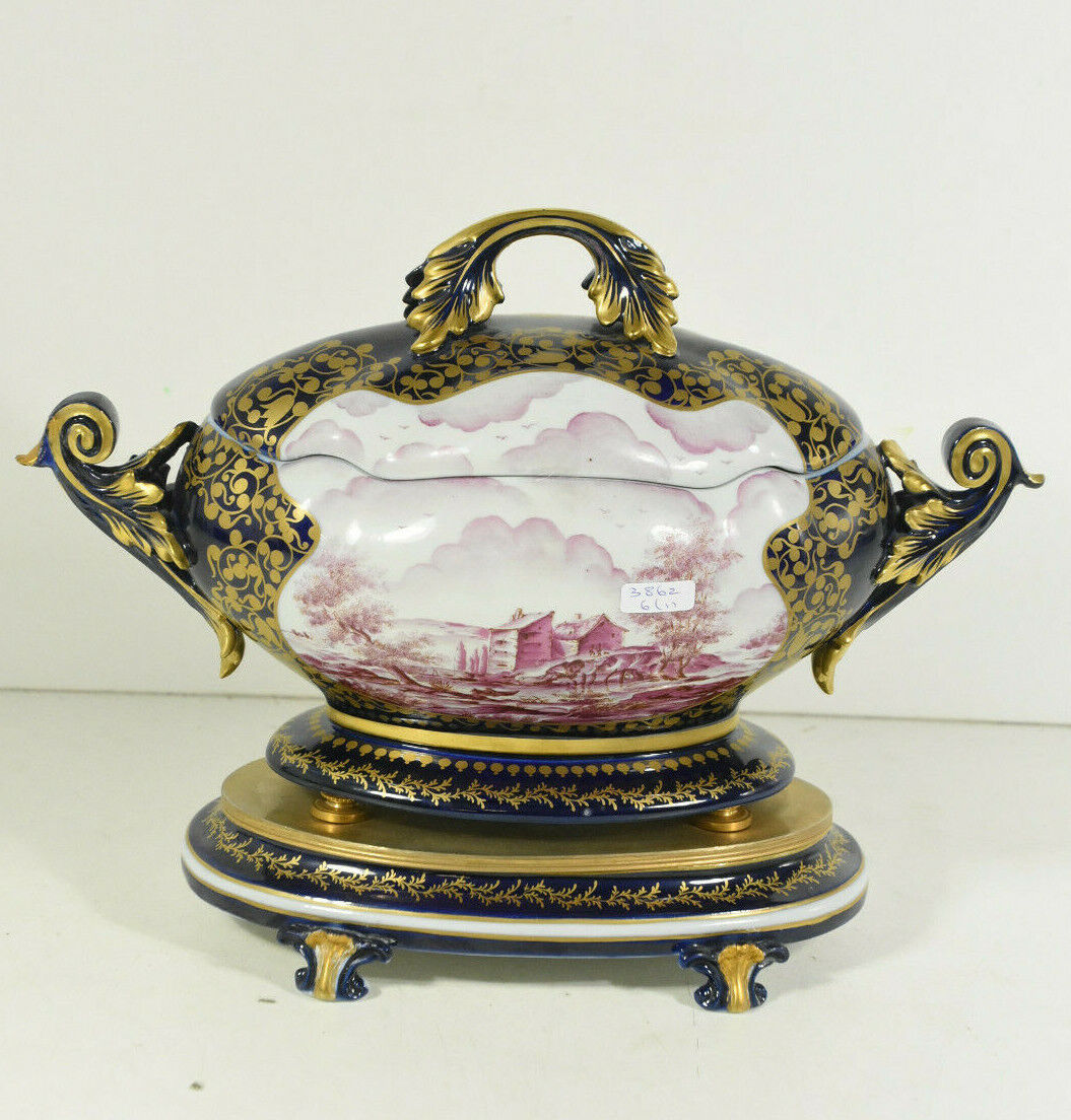 Gorgeous Sevres marked centerpiece lidded bowl hand paint landscape scene 