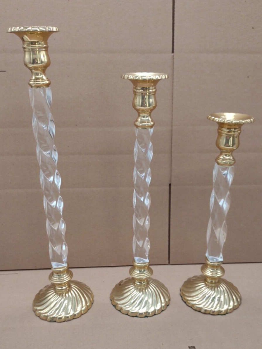 Vintage Scalloped Brass and Twisted Lucite Taper Candlestick Holders Set of 3