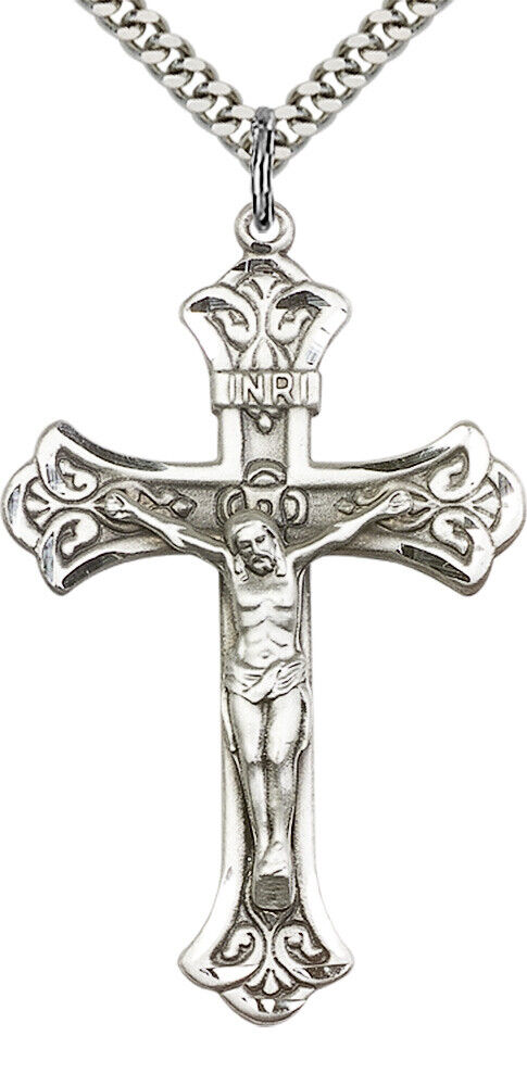 925 Sterling Silver Catholic Crucifix Cross Necklace For Men 24 Chain Made USA