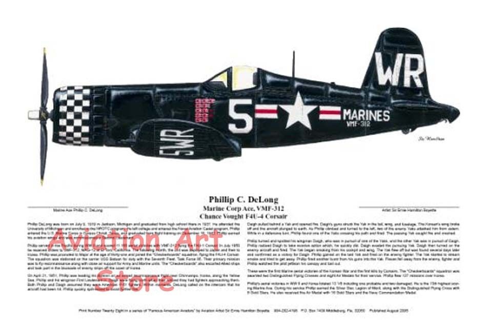 Korean War, F4U Corsair, signed by Marine Ace, Phillip DeLong, Artist, E Boyette