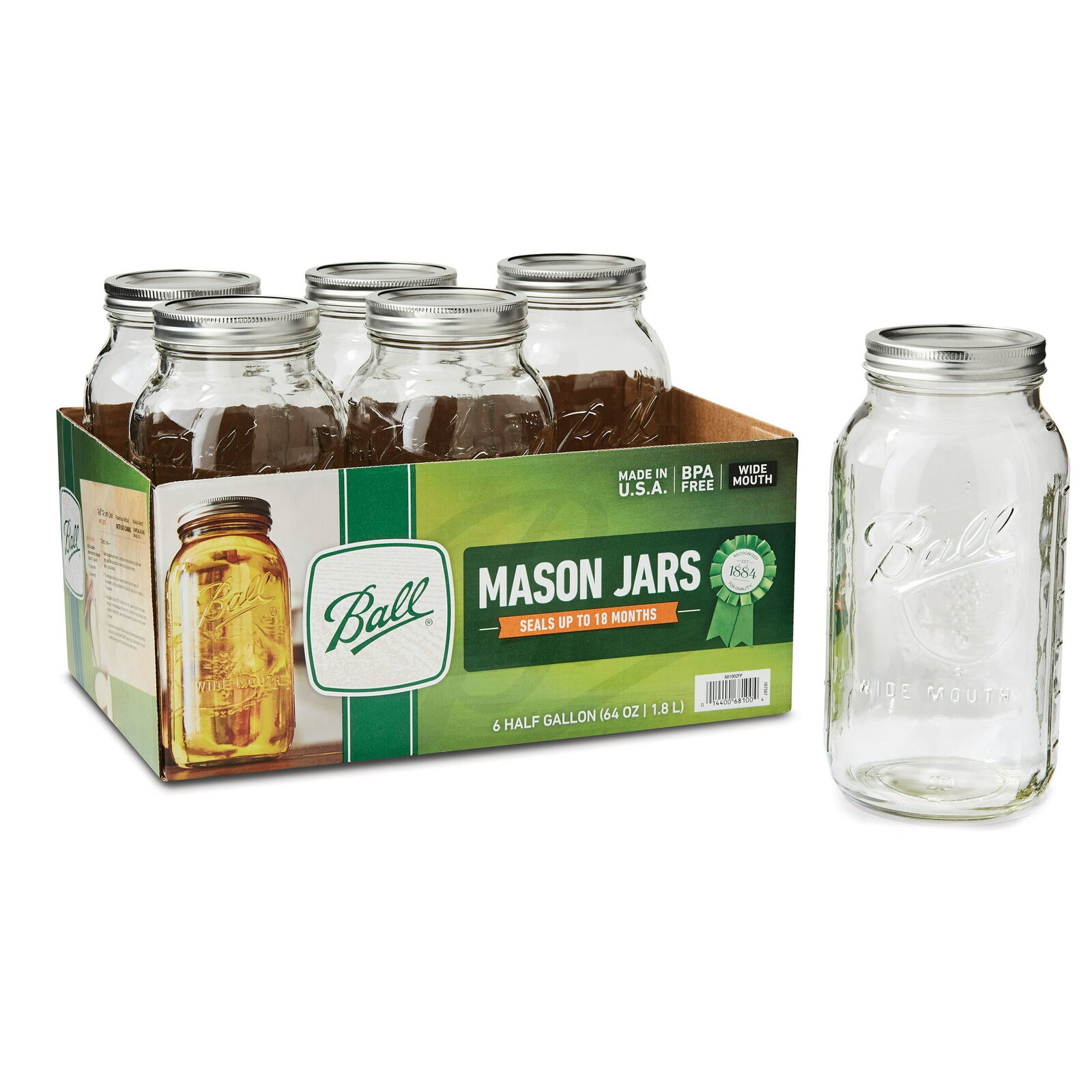 Wide Mouth 64oz Half Gallon Mason Jars with Lids & Bands, 6 Count