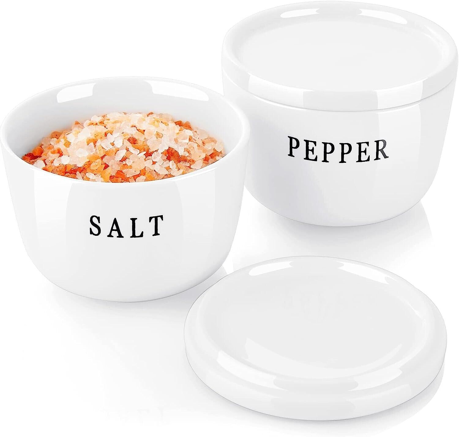 Set of 2 Ceramic Salt and Pepper 10 oz Bowls Container Set with Lids, White