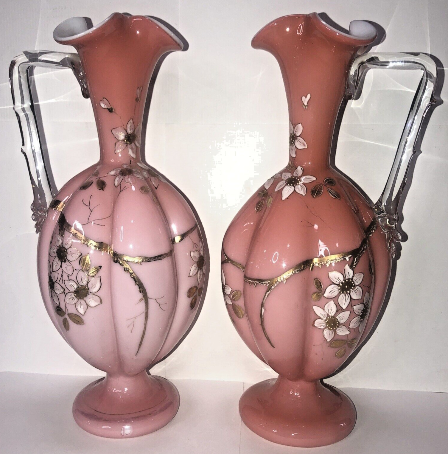 Pair Of Antique Pink Glass Ewer Vases Gilt Hand Painted 