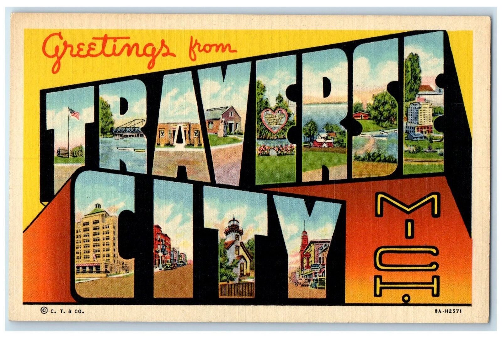 c1940s Large Letter Greetings From Traverse City Michigan MI Unposted Postcard