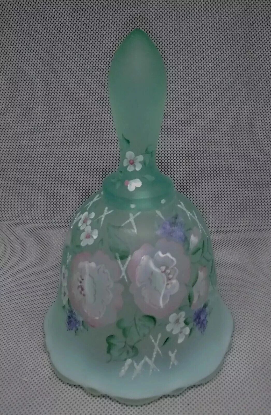 Fenton Art Glass Frosted Sea Green Opalescent Pink Floral Bell Signed Limited Ed