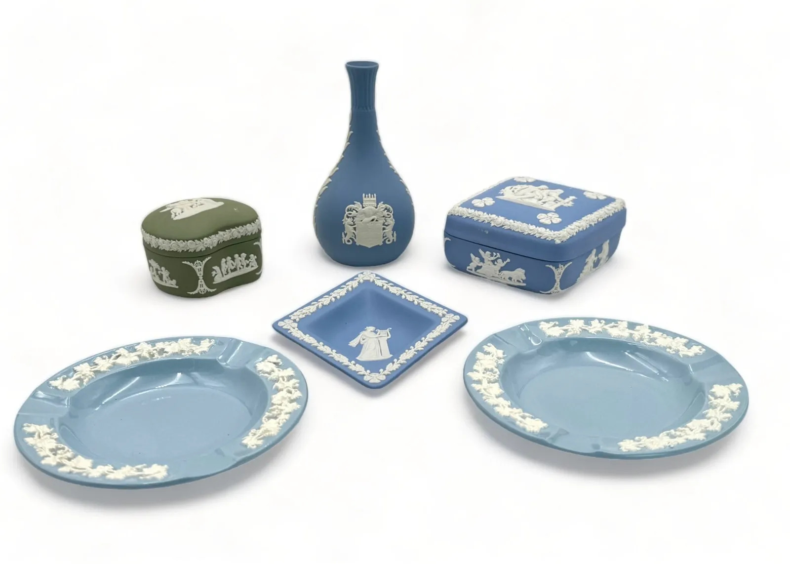 Wedgewood Jasperware & Queen\'s Ware in Blue and Green - Bud Vase, Trinket Dish +