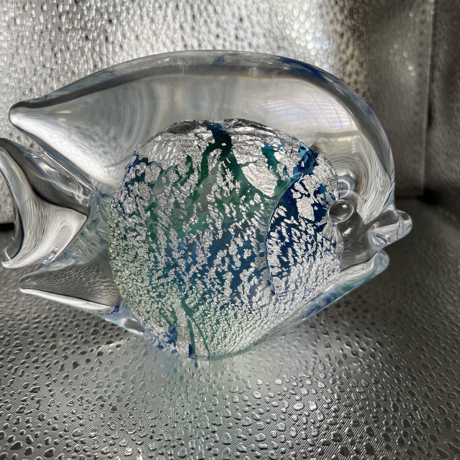 Marcolin Sweden Art Glass Fish With Silver Flecks, Reflects Blue/Green