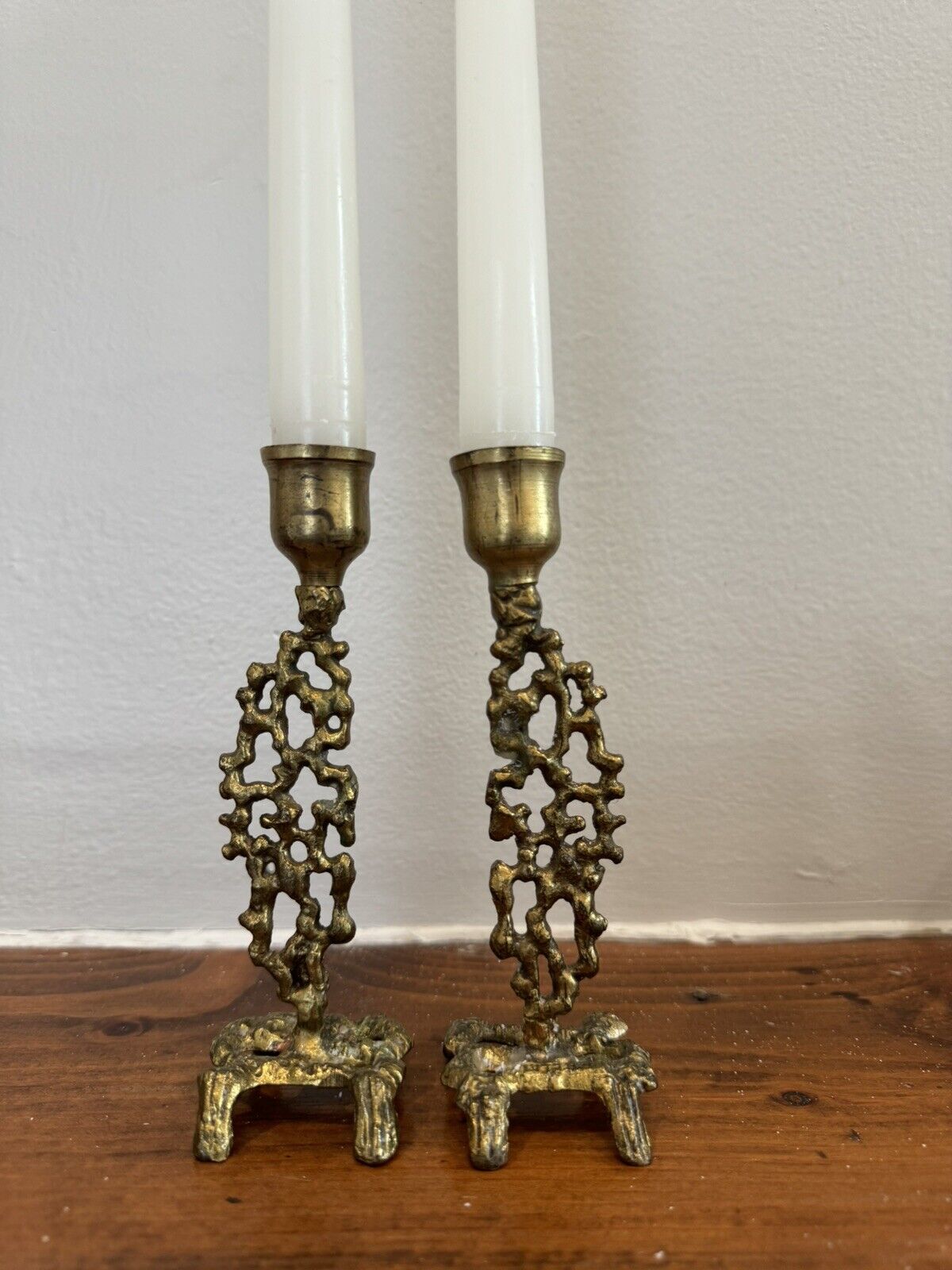 Pair of Vintage Mid 20th Century  6” Brass Candlesticks Brutalist Style Israel
