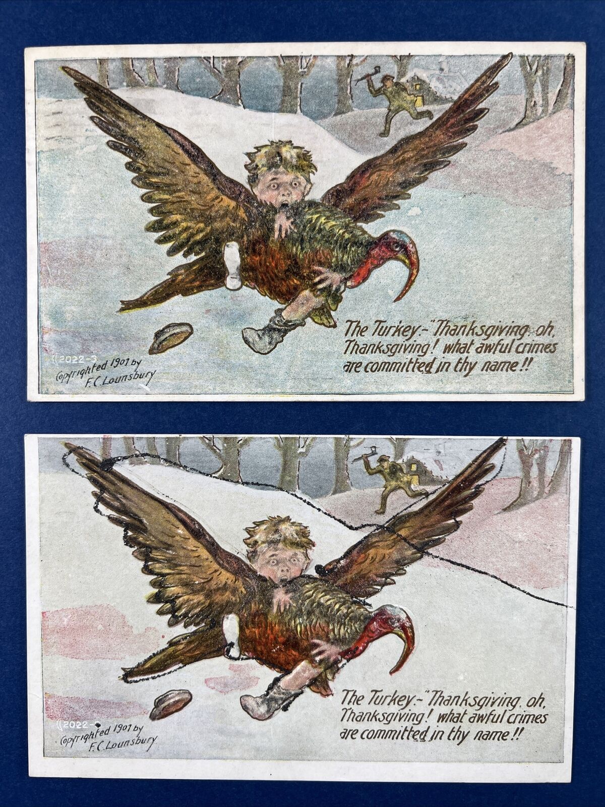 2 Thanksgiving Antique Postcards. EMB, Gold Trim. Artist: Lounsbury. 1 Glitter