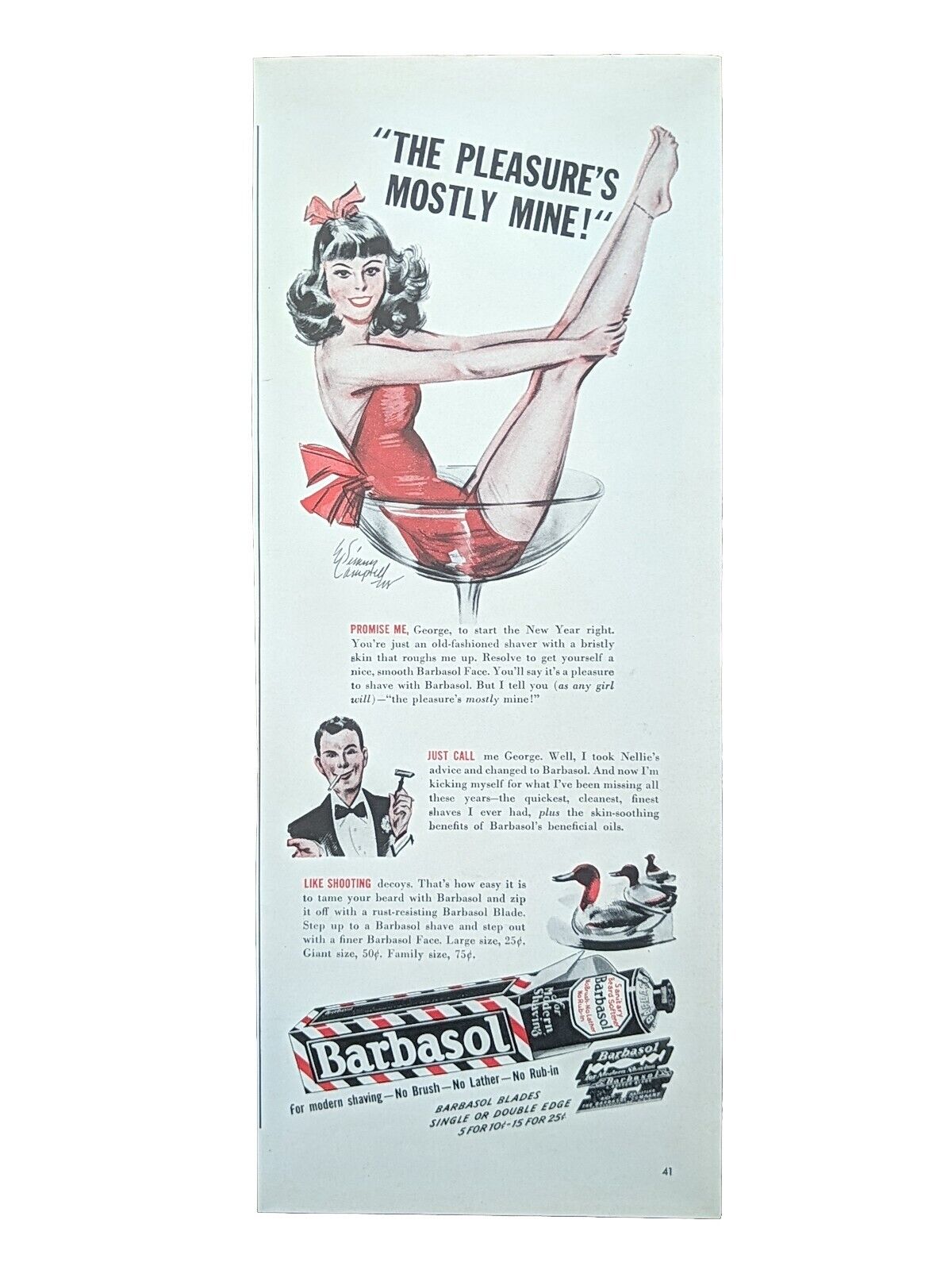 Vintage 1943 barbasol print ad.  original item, Sexy Retro, Lady In Glass Cup
