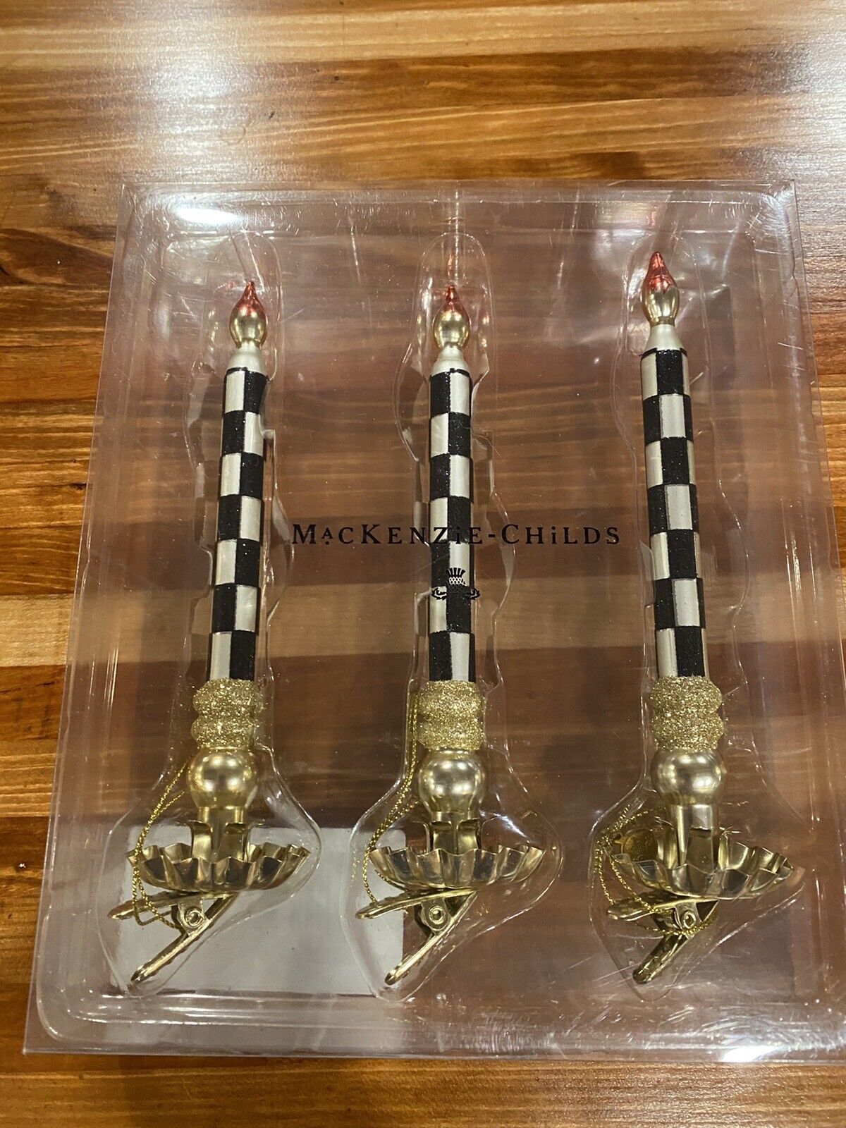 Mackenzie-Childs Courtly Check Glass Candle Clip Set Of 3 NIB Christmas Discont.