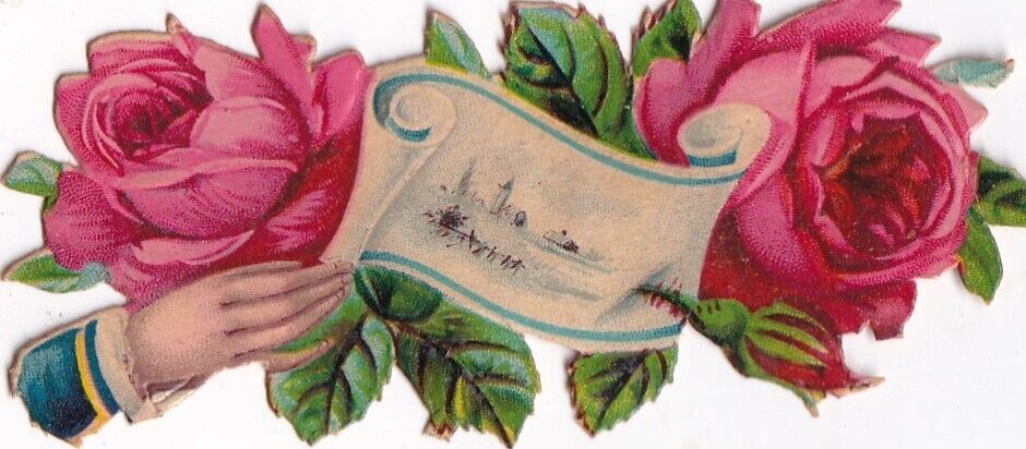 1800\'s Victorian Die Cut Scrap -Hidden Name Hand Calling Die Cut -Pink Rose