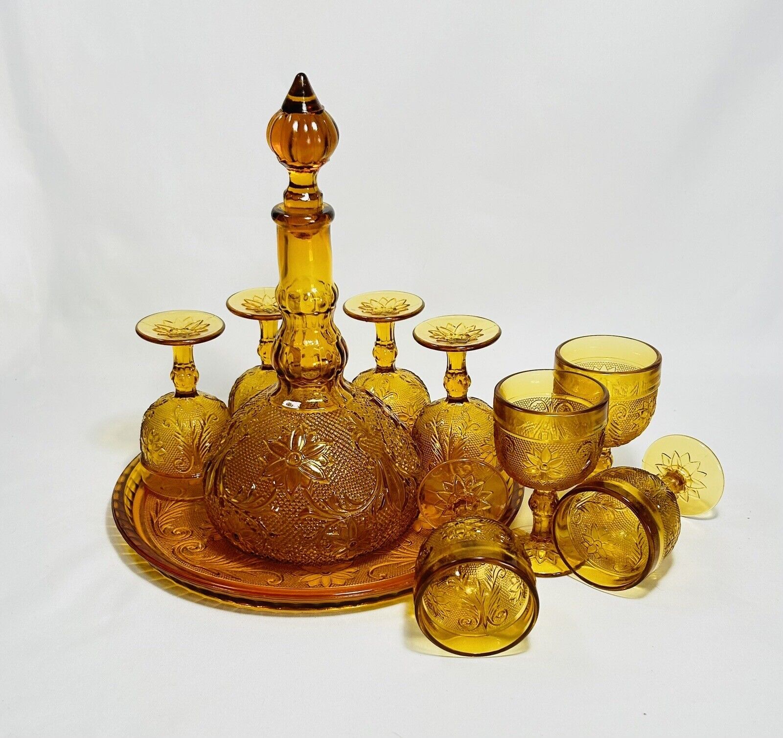 Vintage Tiara Indiana Glass Amber Wine Decanter Set 8 Wine Glasses and Tray MCM