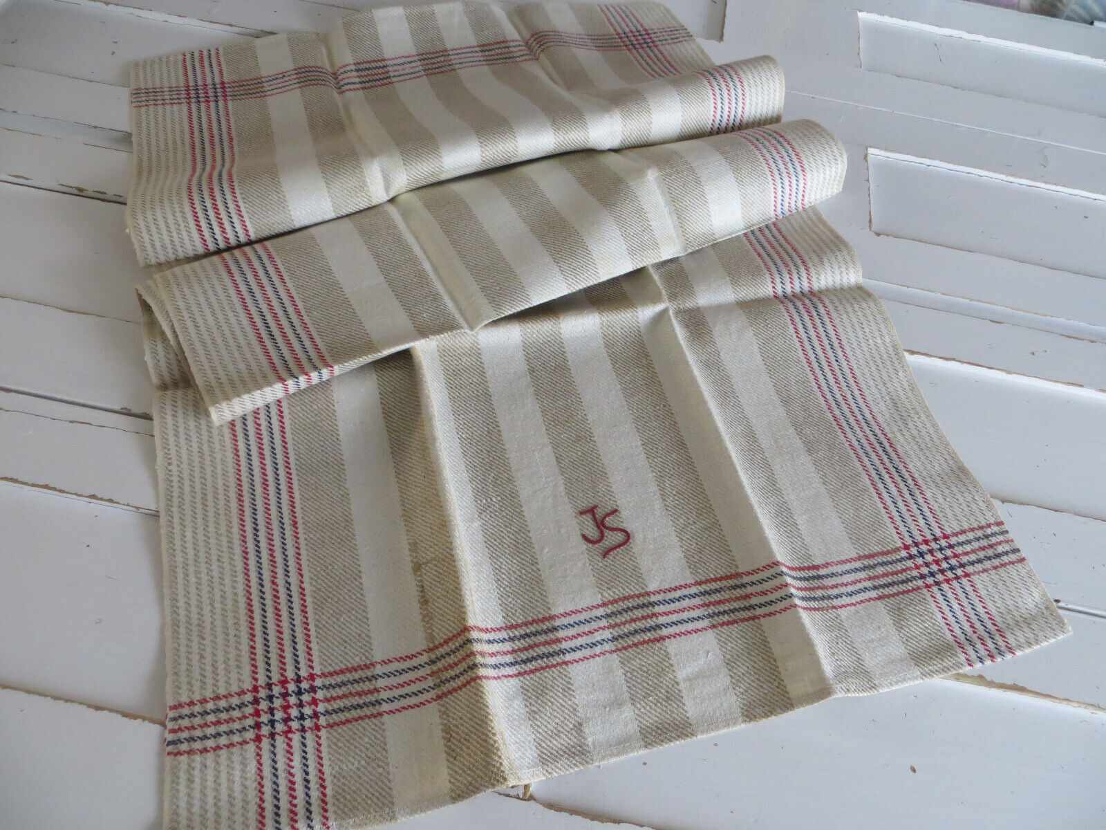 Antique Towel  German Rustic Linen  with Stripes Tea Bath Guest Hand Towel  JS