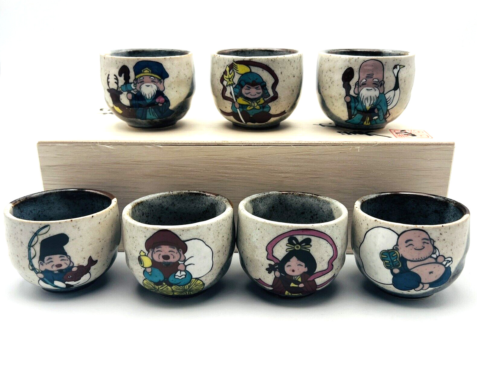 Kutani Yaki Barware The Seven Deities Of Good Fortune Sake Cups Made in Japan