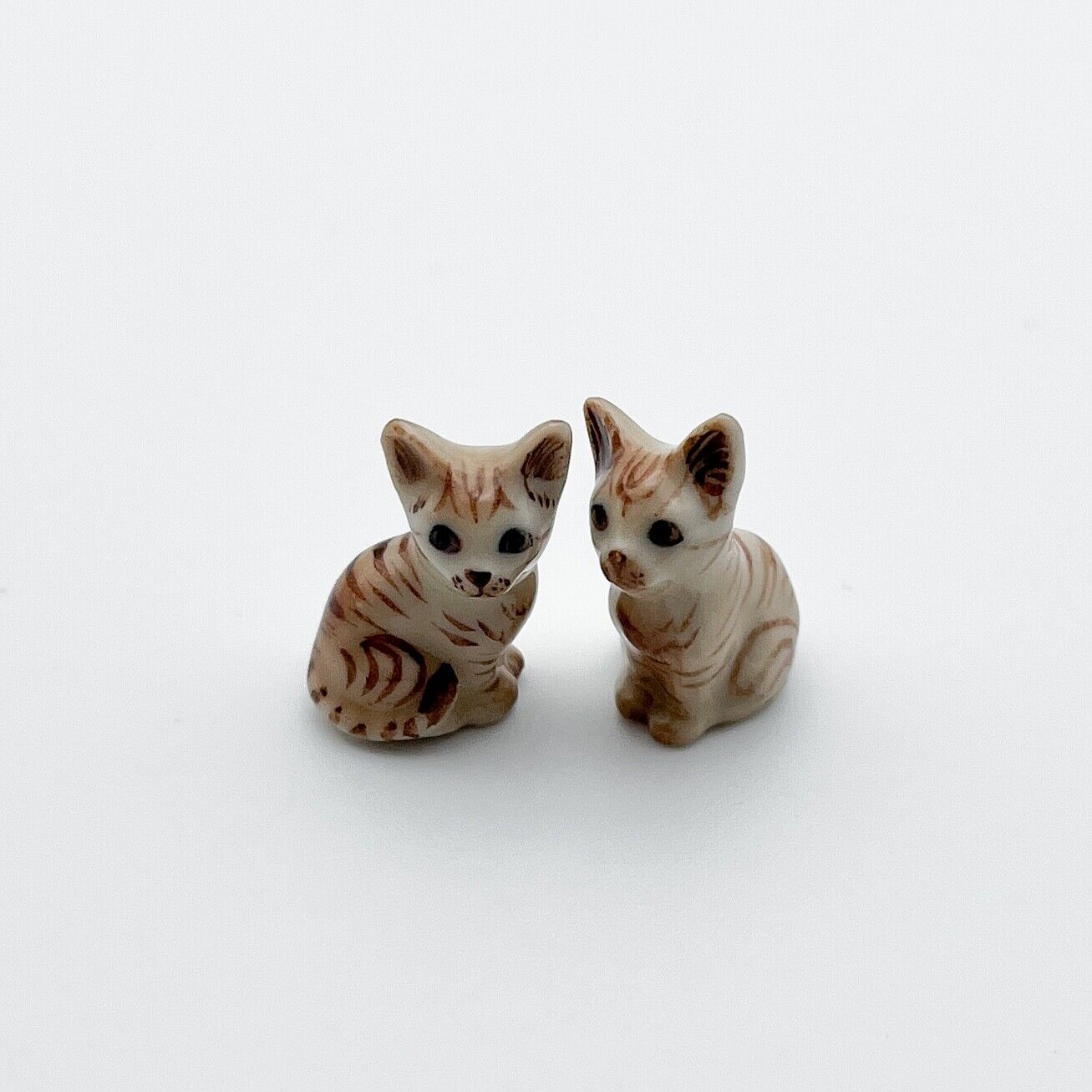 2 Tiny Brown Standing Kitten Tabby Domestic Cat Ceramic Miniature Figurines