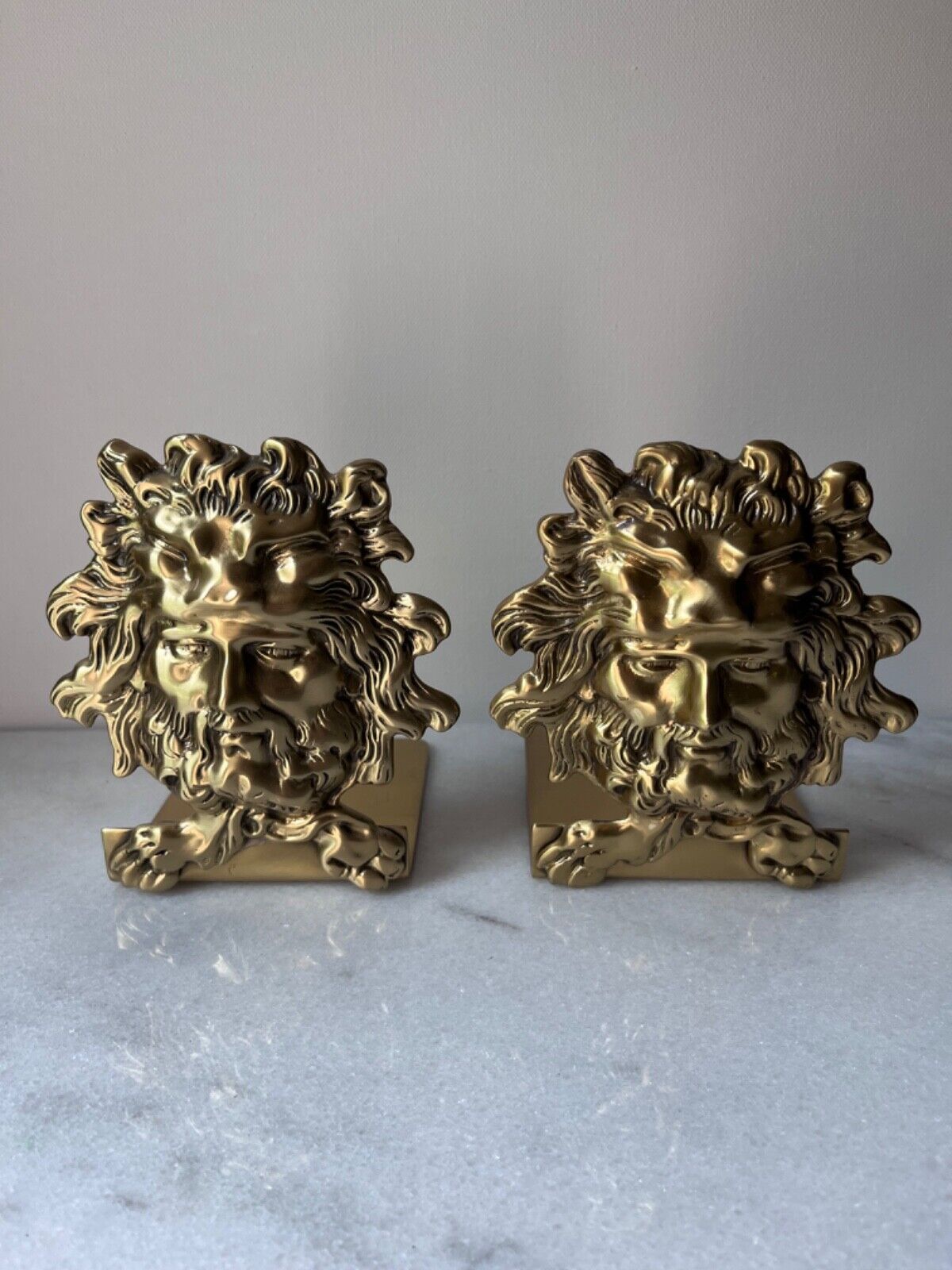 Vintage gold  MCM Zeus Head Solid Brass Bookends Rare God face
