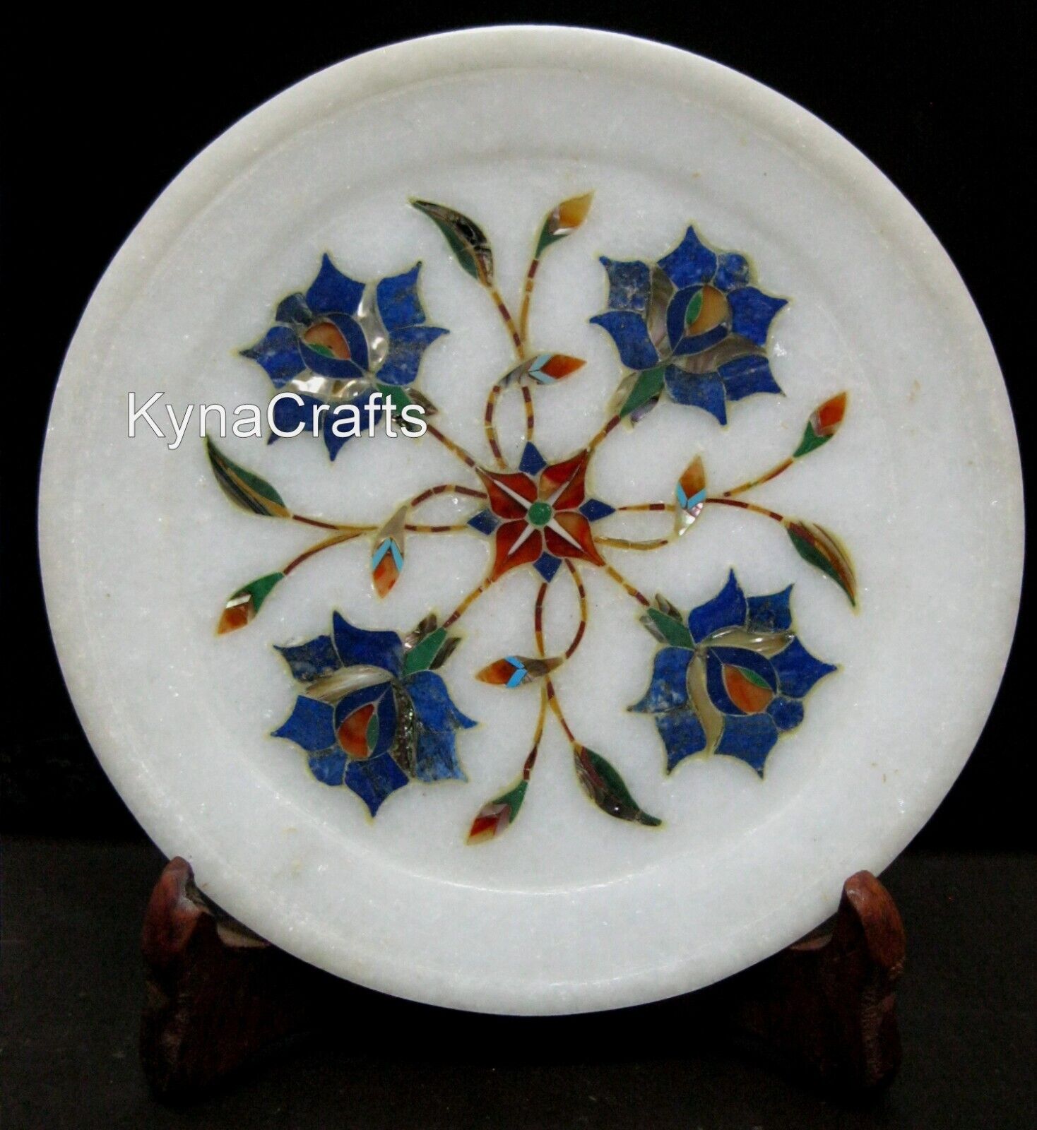 6 Inches Marble Decorative Plate Lapis Lazuli Gemstone Inlay Work Serving Tray