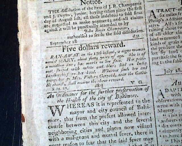 Rare 18th Century Baltimore MD Maryland Original 1798 old Antique Newspaper