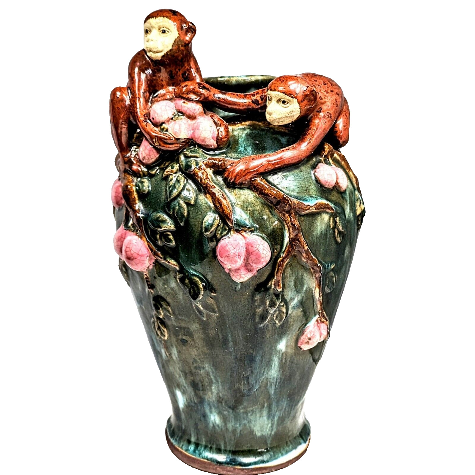 Vintage Majolica Hand Crafted Monkeys Picking Fruit Drip Glaze Vase 15.5\