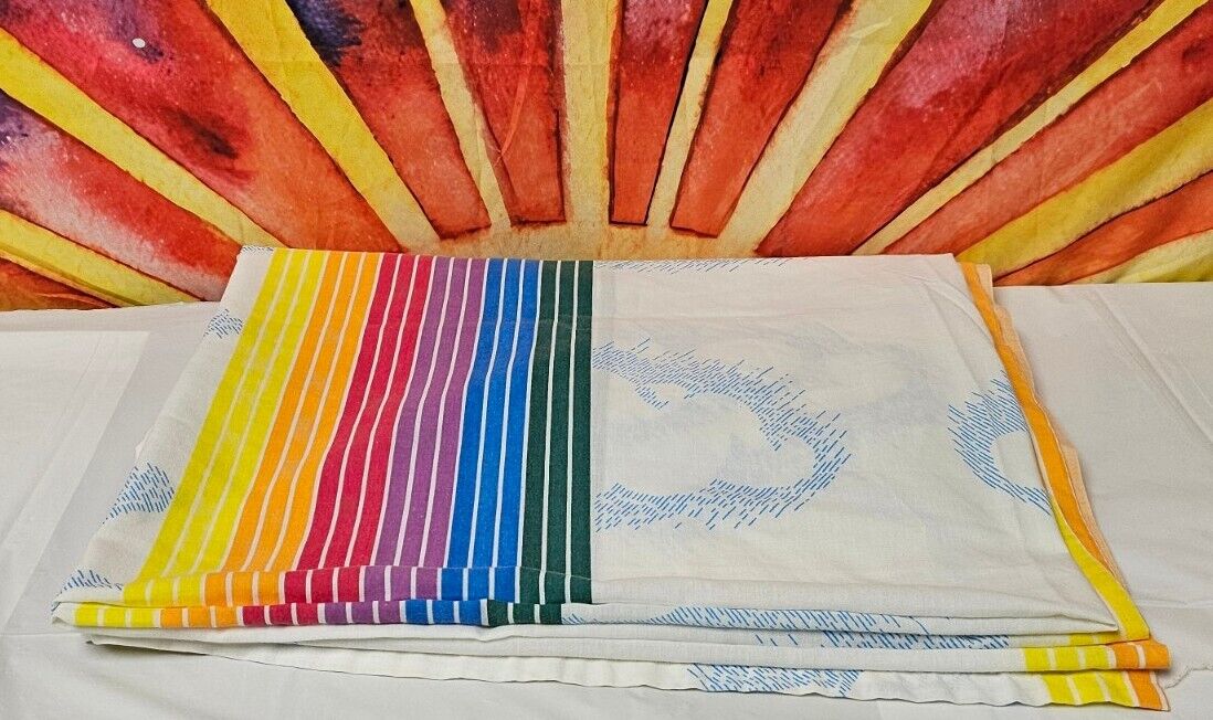 Vintage Retro MCM 70s 80s Pacific Brand Rainbow Clouds Flat Sheet Full Size