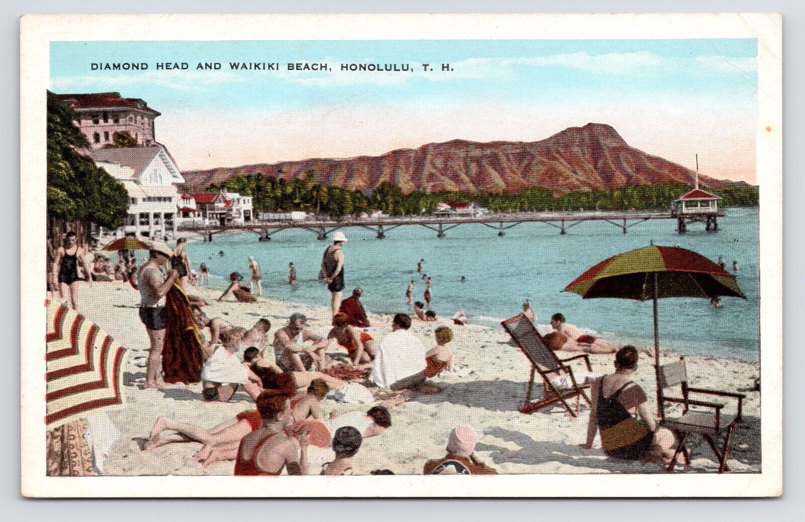 c1930s~Honolulu Hawaii~Waikiki Beach~Diamond Head~Bathers~Vintage VTG Postcard