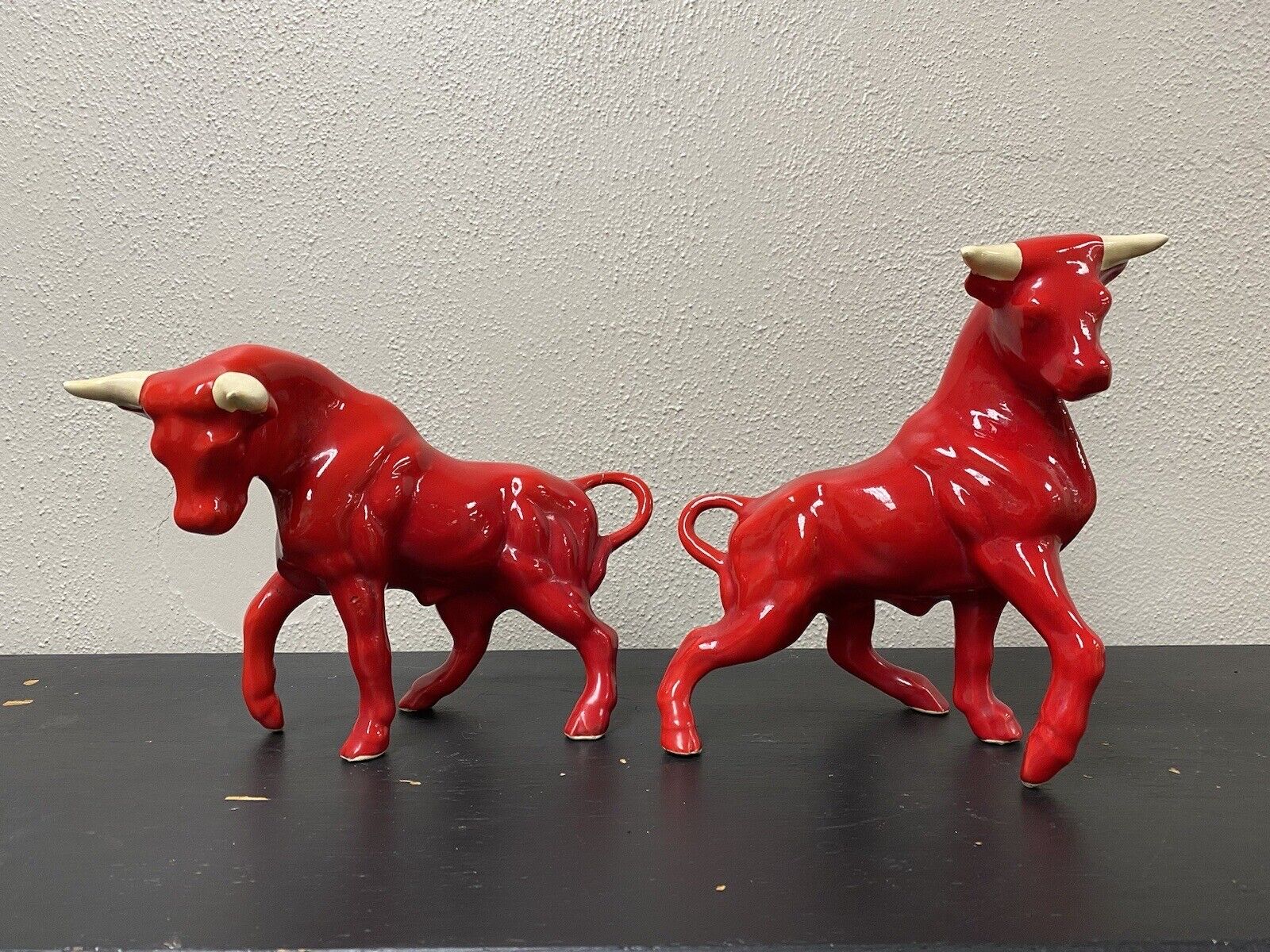 Vtg 1960s MCM Red Ceramic Fighting Bulls Figure 9” Masculine Stock Market Decor