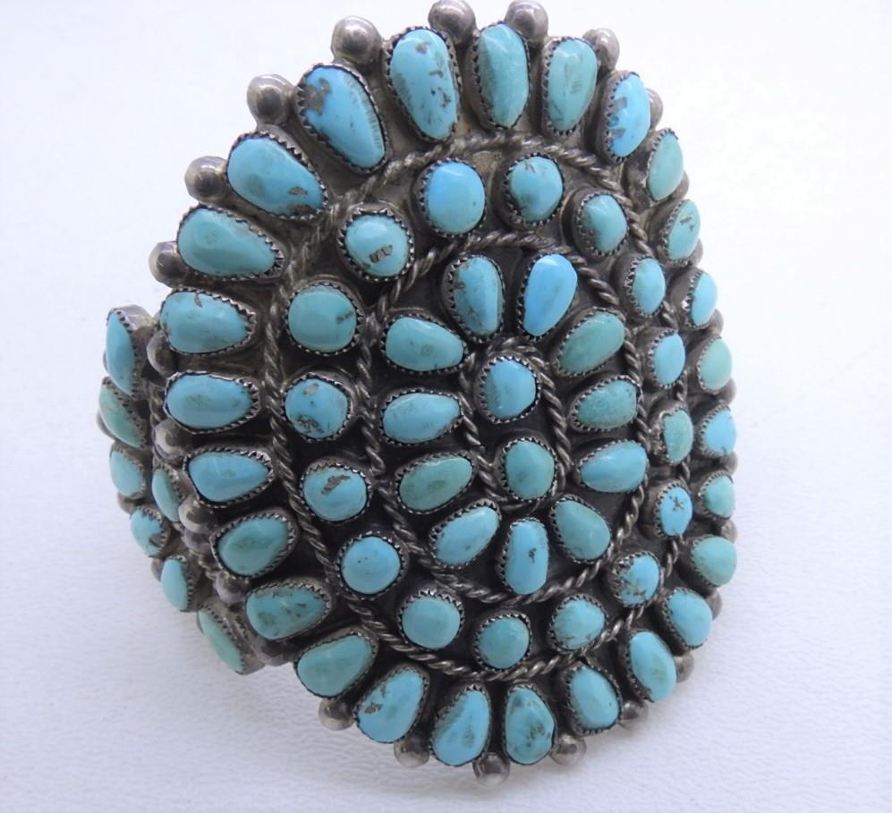 Native American Sterling Silver Turquoise Cluster Bracelet Stunning 86 Gram Wide