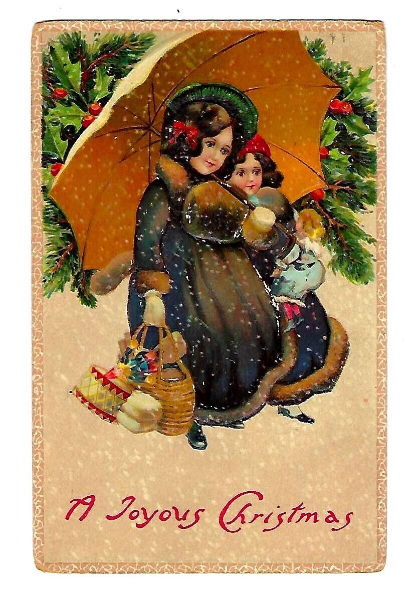 1914 Christmas Postcard Embossed With Santa Seal, Woman & Child Carrying Gifts