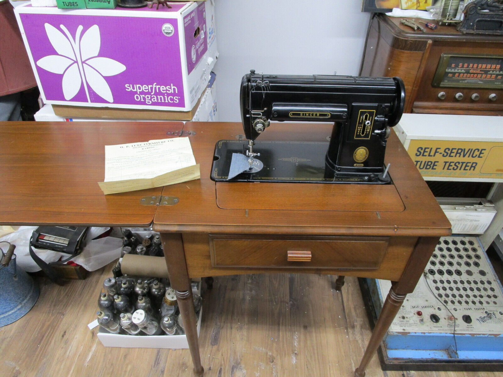 Vintage Singer 301A 1950's Sewing Machine with Knee Pedal, power cord & cabinet