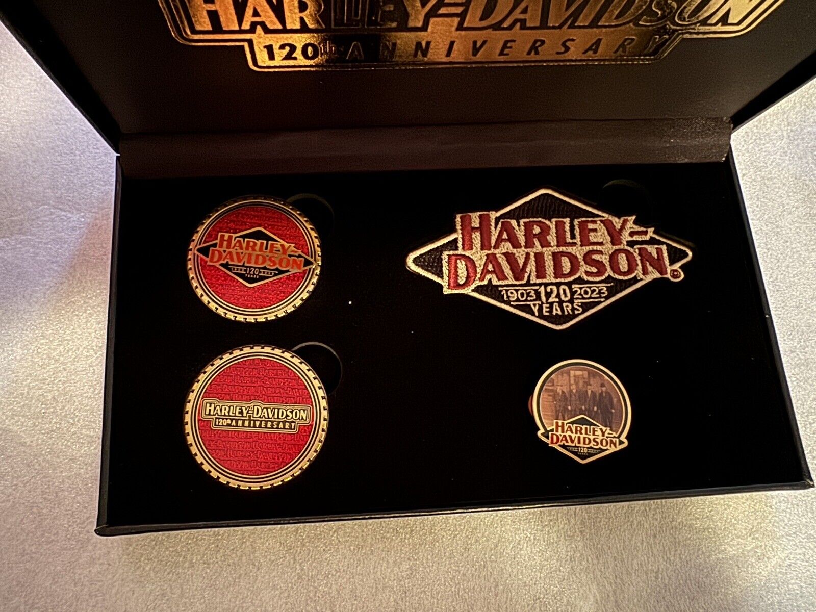 Harley-Davidson® 120th Anniversary Pin, Embroidered Patch & Challenge Coin Set