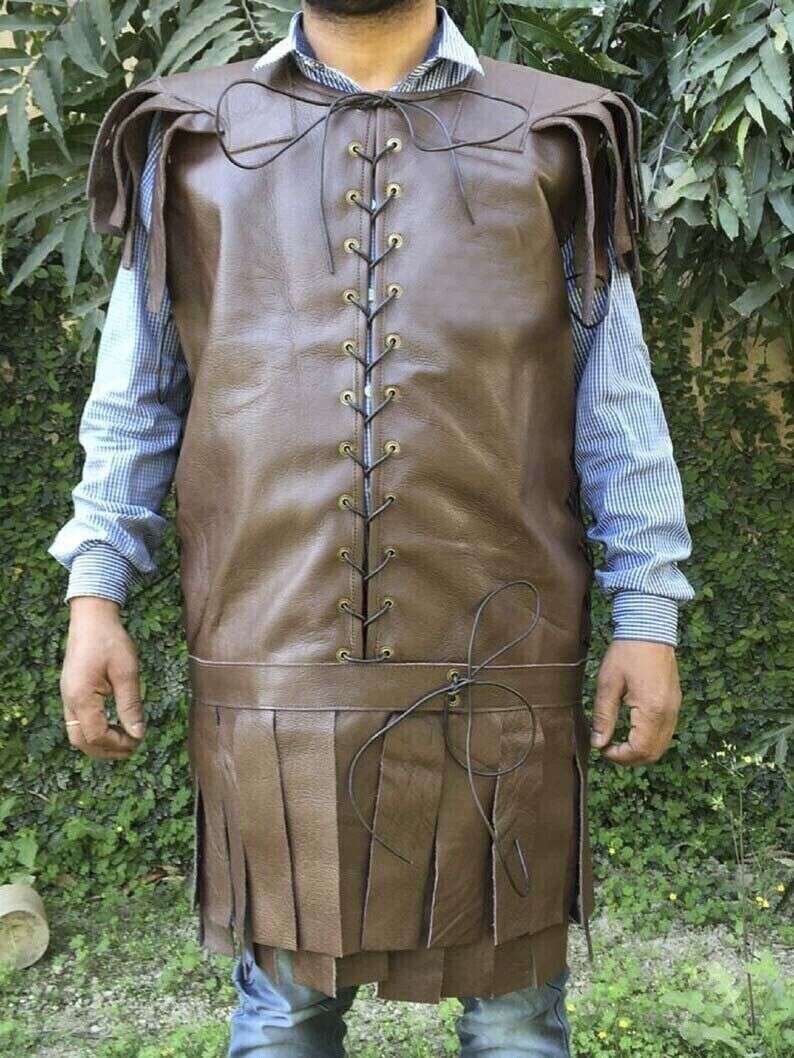 Medieval Brown Leather Costumes,Thick Leather Sleeveless Leather Roman Subarmals