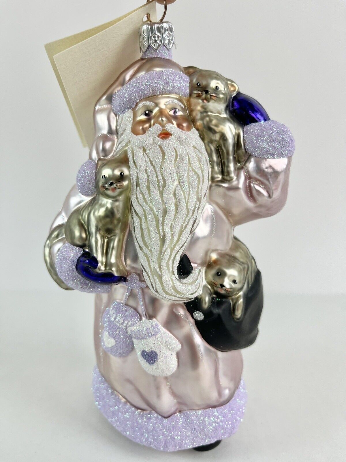 Patrica Breen Lavender Santa With Cats Over 6” Tall Glass Christmas Ornament