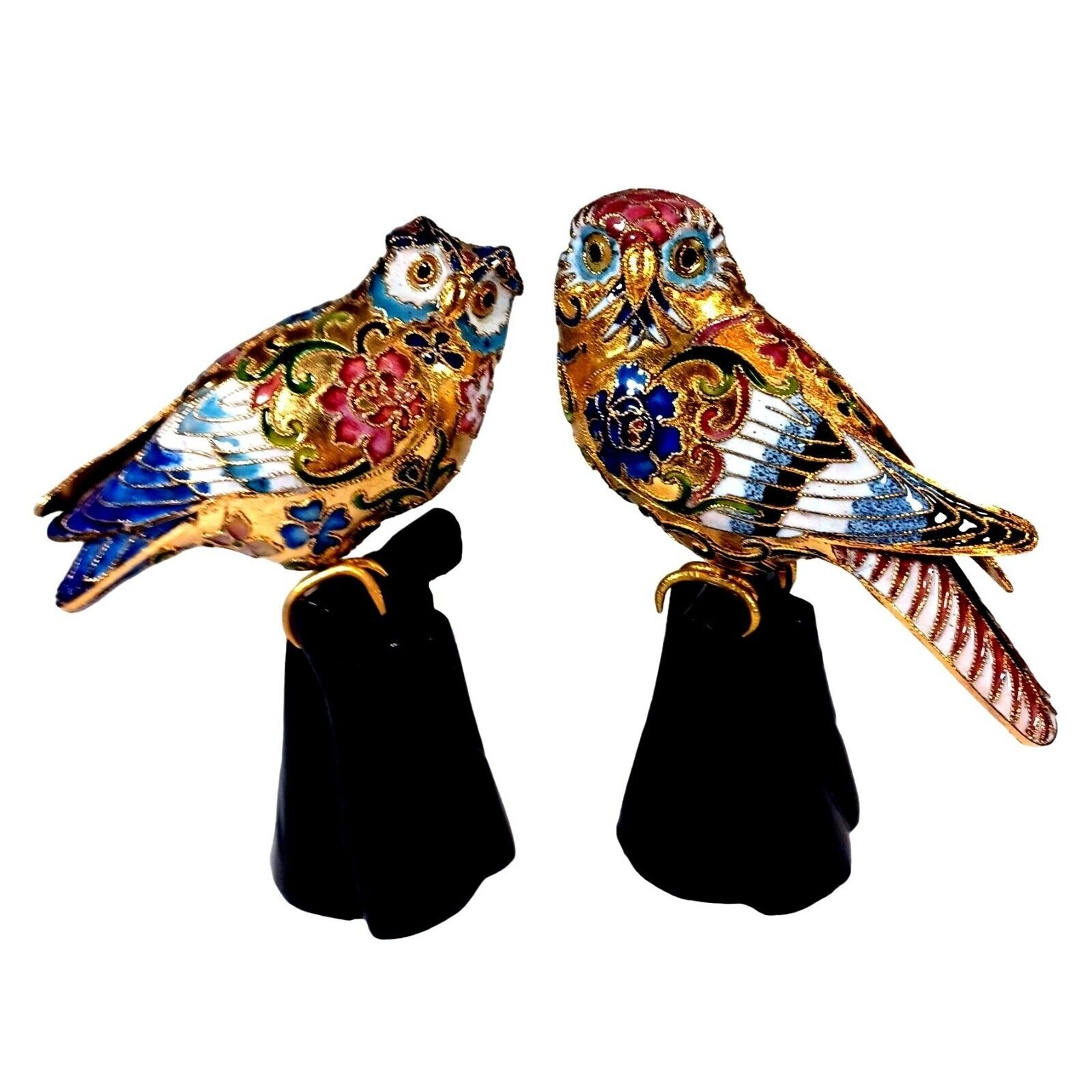 2 Vintage Cloisonne Enamel Gold Leaf Filigree Barn Great Horned Owls On Perch