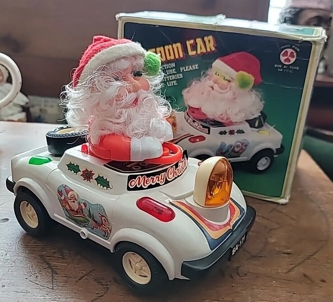 Vint Toy Santa Animatron Driving Car 1989 Lights Music Bump Turn Battery WORKS 